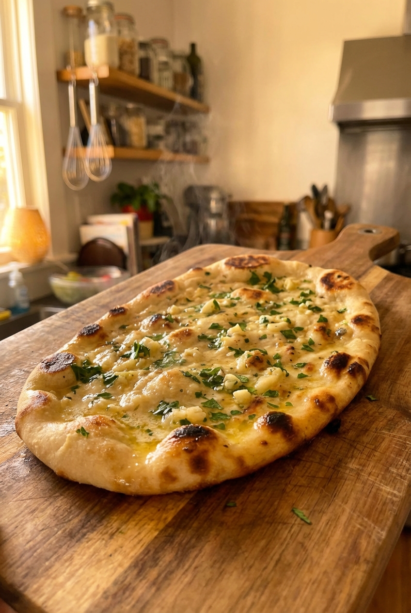 Warm flatbread brushed with garlic butter on a cutting board