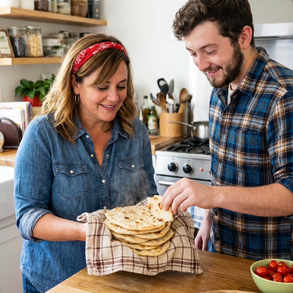 Warm flatbread stacked in a kitchen towel
