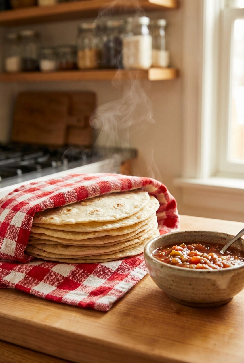 Warm flour tortillas stacked in a kitchen towel next to a small bowl of salsa