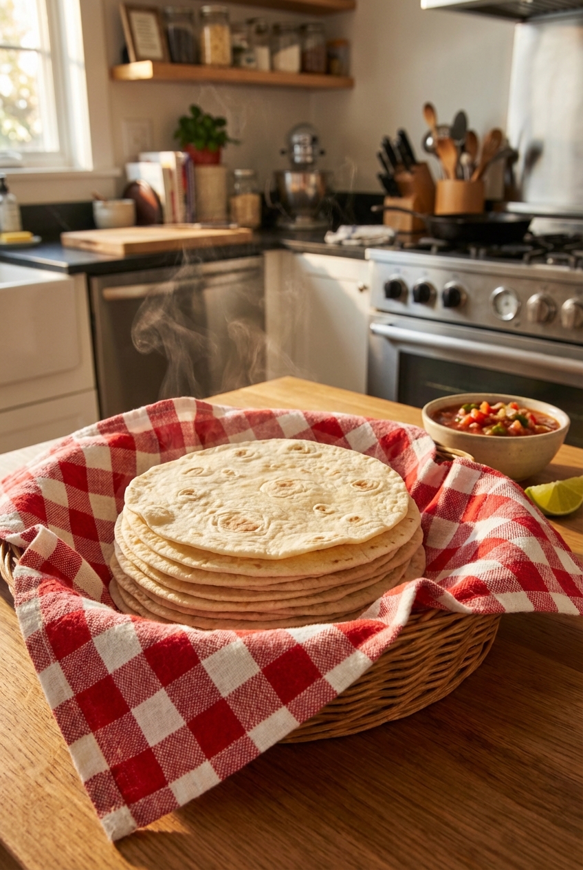 Warm flour tortillas stacked in a towel-lined basket on a kitchen counter