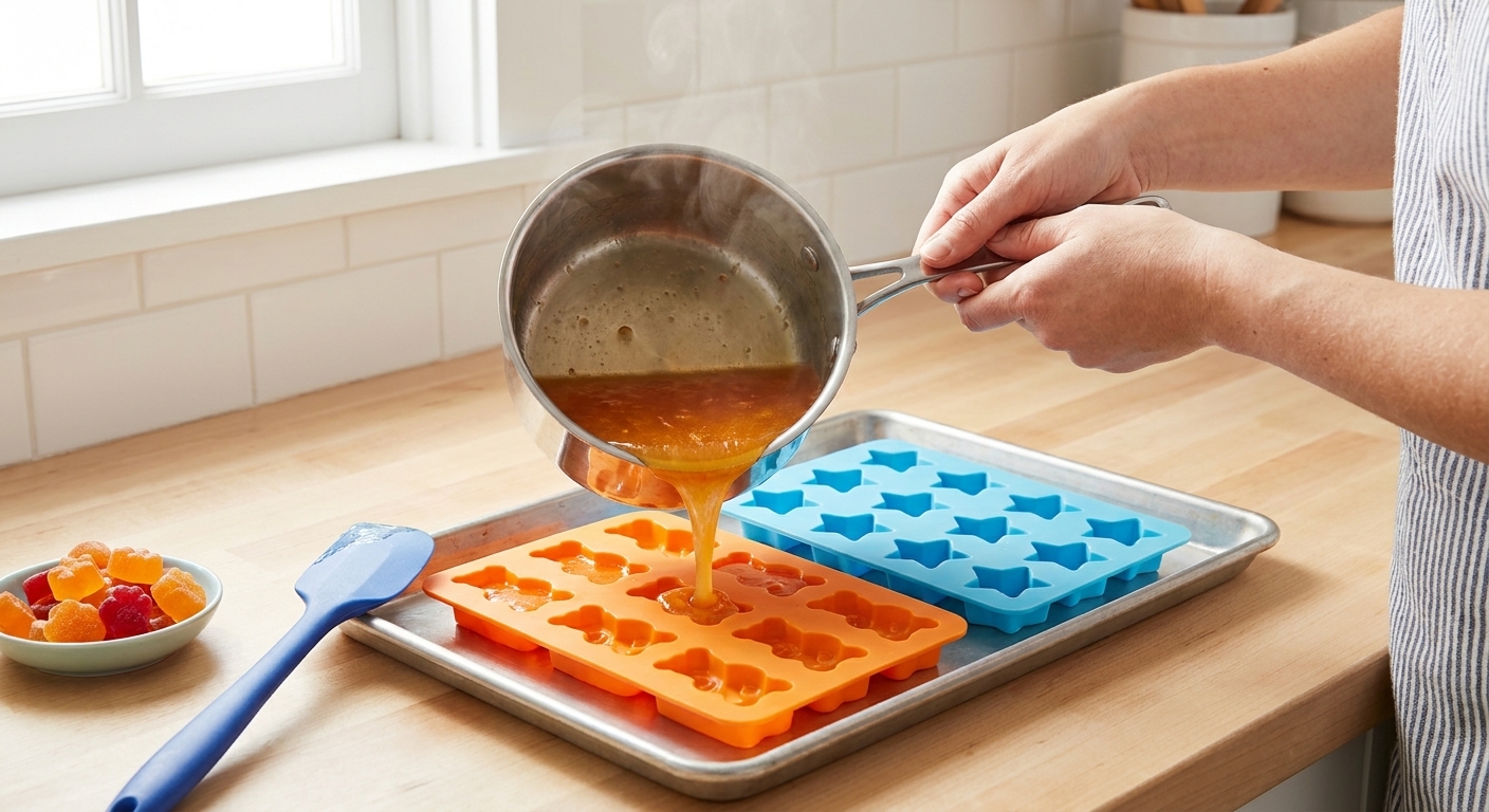 Warm fruit-and-agar mixture being poured into silicone gummy molds set on a sheet pan in a bright kitchen