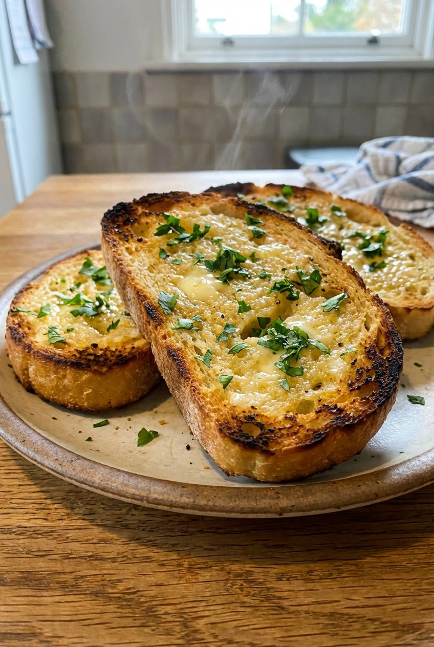 Warm garlic bread slices with toasted edges and parsley on a plate