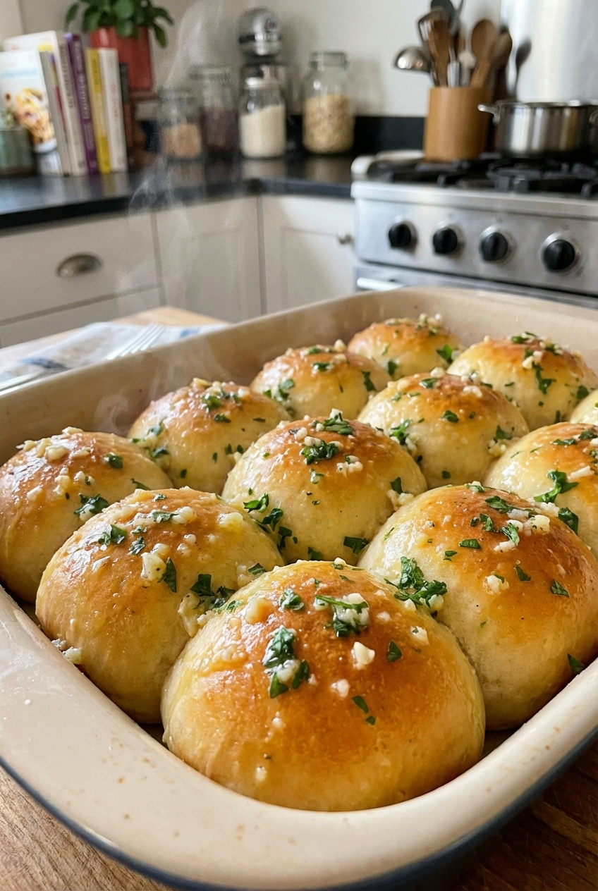 Warm garlic butter dinner rolls in a baking dish