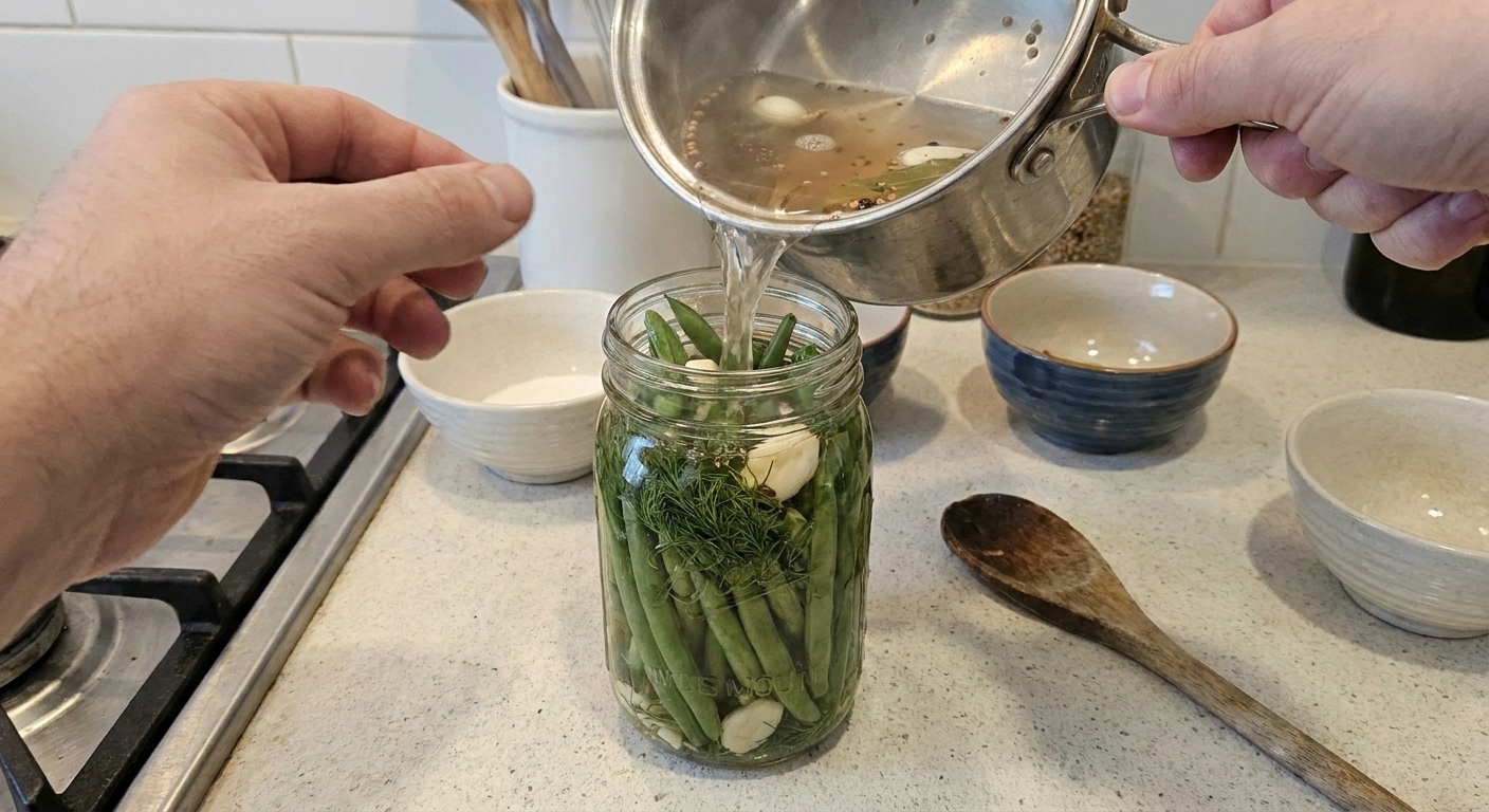 Warm garlic dill brine being poured into a wide-mouth jar packed with green beans and dill, covering the beans