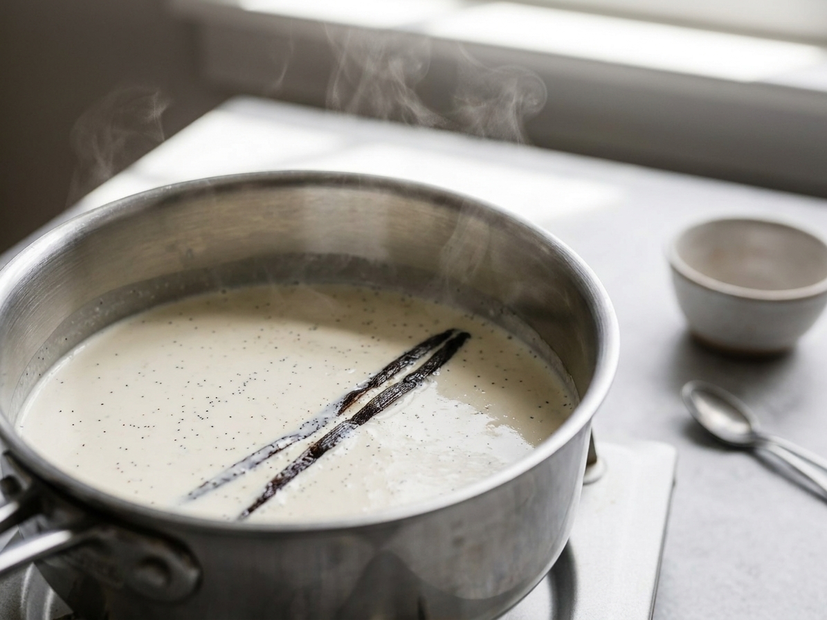 Warm heavy cream in a saucepan with a split vanilla bean, with light steam rising
