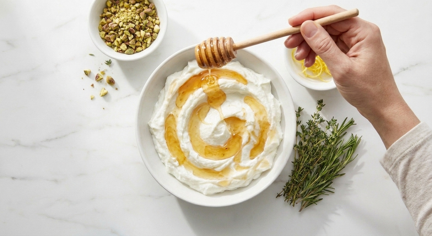 Warm honey being drizzled over a bowl of whipped goat cheese with pistachios and herbs nearby on the counter