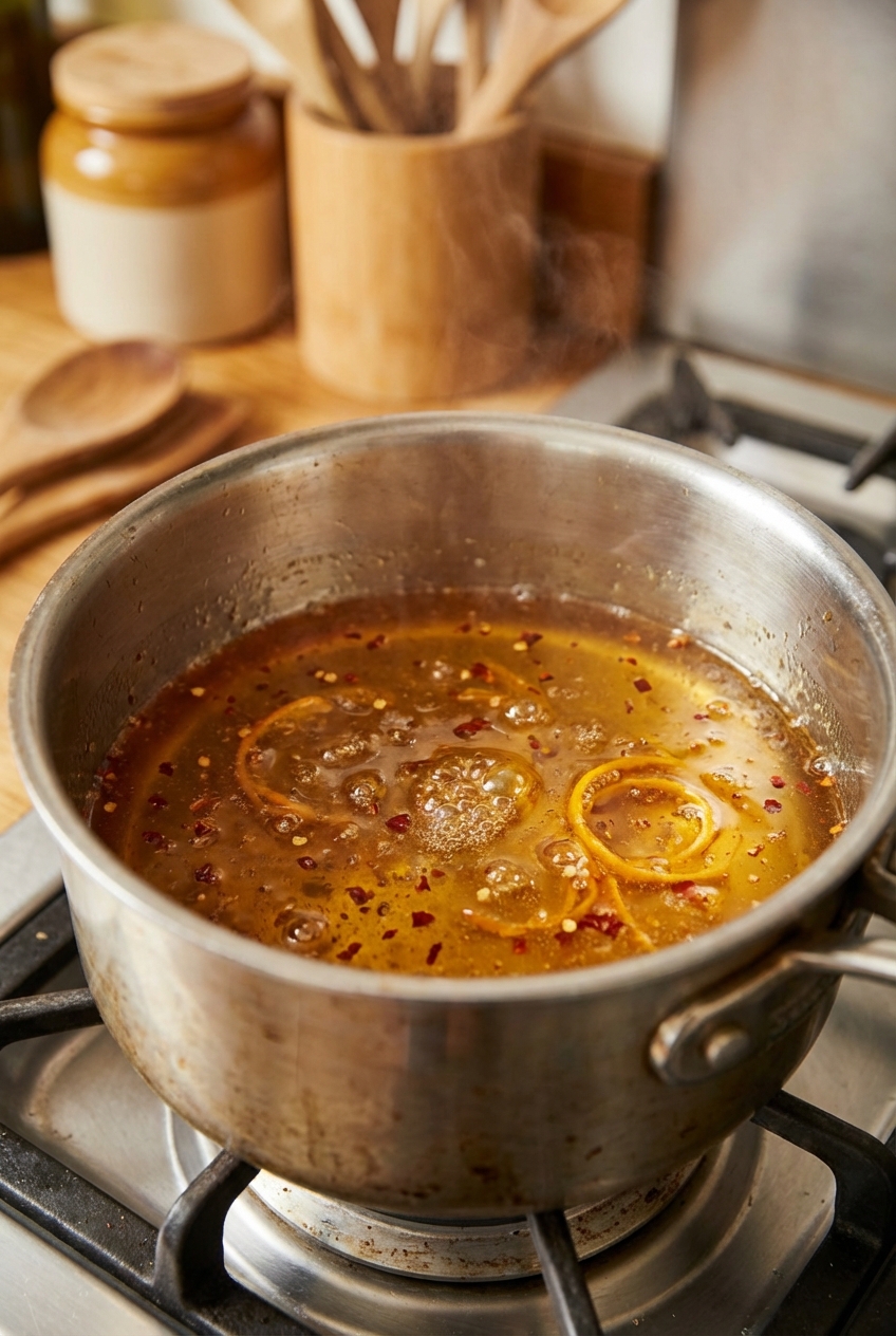 Warm honey bubbling gently in a small saucepan with red pepper flakes and orange zest
