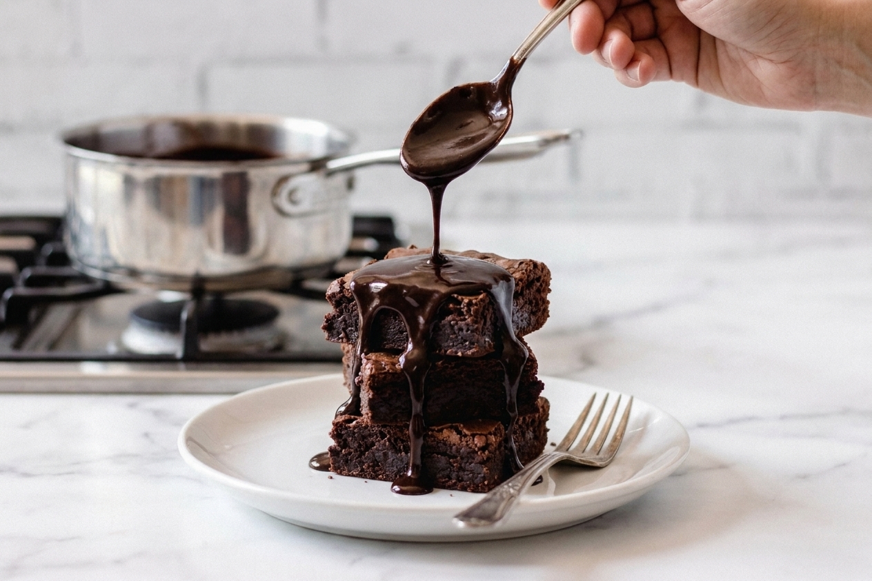 Warm hot fudge sauce drizzled over a stack of fudgy brownies on a plate with a fork nearby