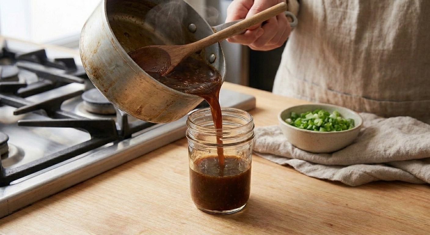 Warm lo mein sauce being poured from a small saucepan into a clean glass jar on a kitchen counter