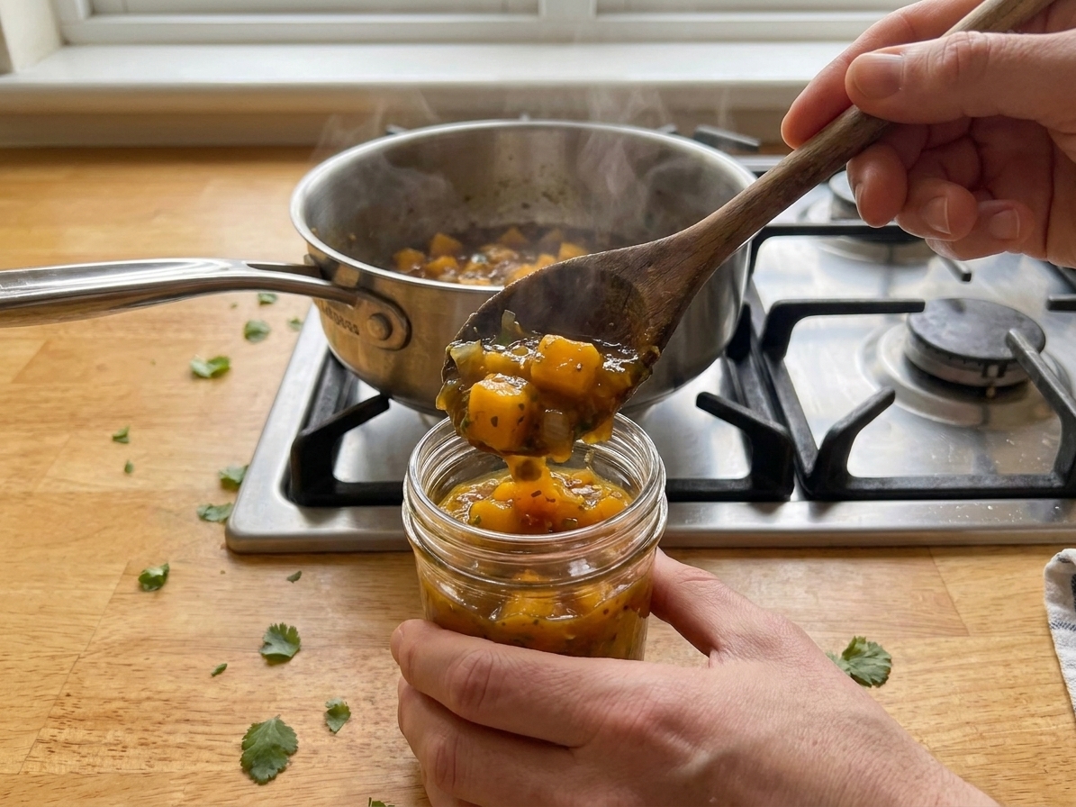 Warm mango chutney being spooned into a clean glass jar on a kitchen counter