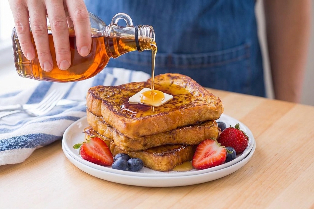 Warm maple syrup being poured over a stack of brioche French toast on a white plate