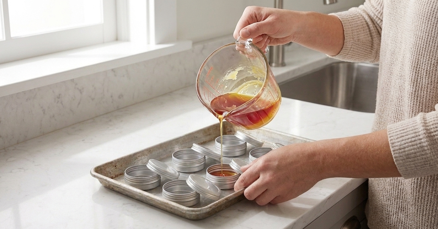 Warm melted lip balm mixture being poured from a small glass measuring cup into a metal tin on a kitchen counter