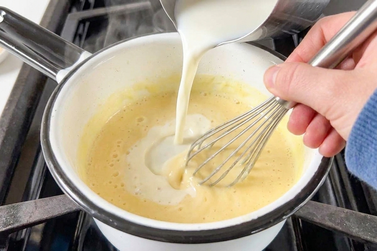 Warm milk being poured into a saucepan while the sauce is whisked smooth as it thickens