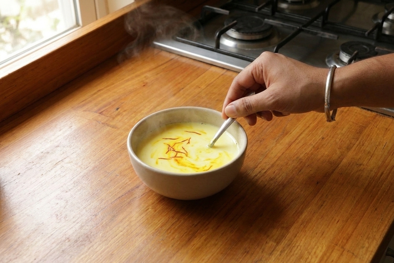 Warm milk in a small bowl turning yellow from saffron threads on a wooden counter
