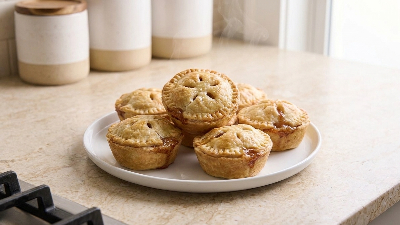 Warm mini apple pies on a simple serving plate with flaky tops and cinnamon apple filling peeking through the vents