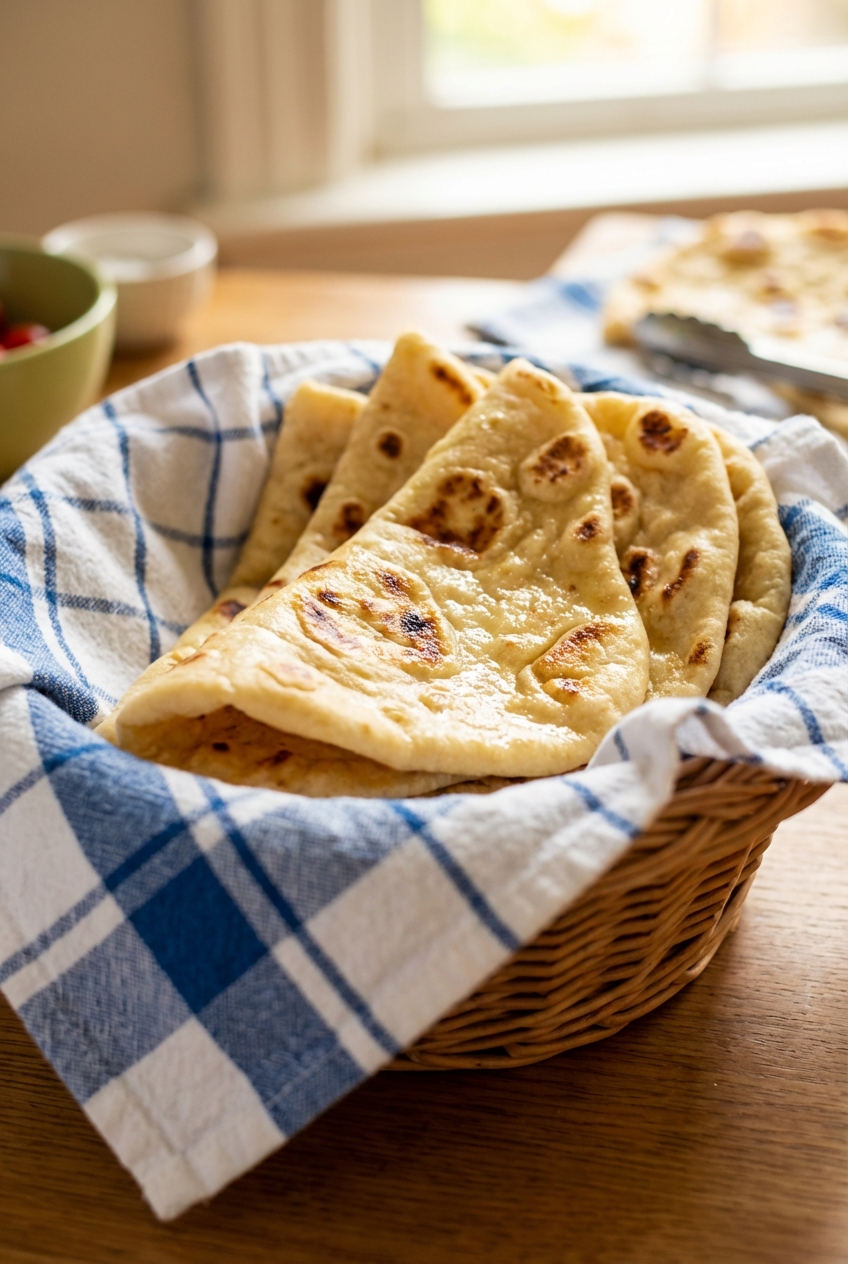 Warm naan bread folded in a basket lined with a towel
