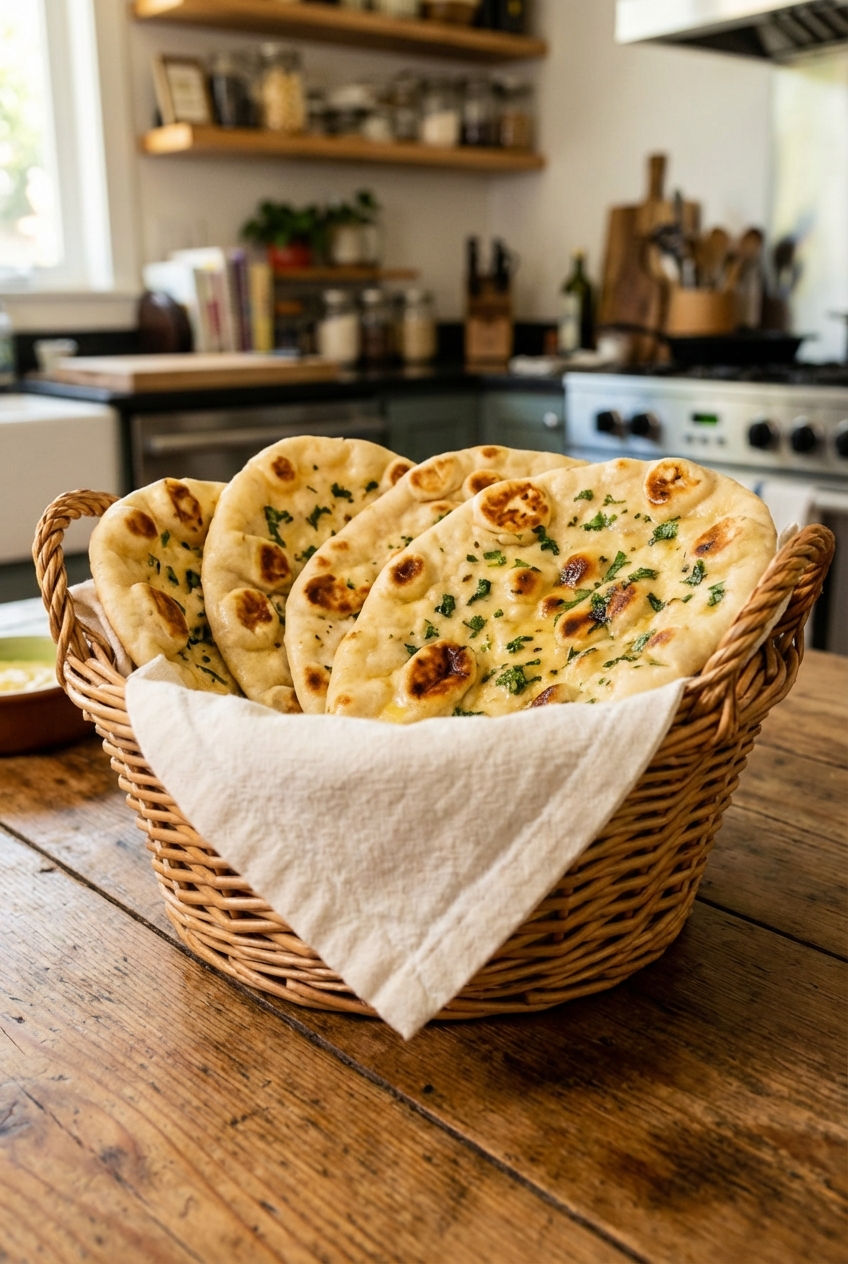 Warm naan bread stacked in a basket lined with a cloth napkin on a dinner table