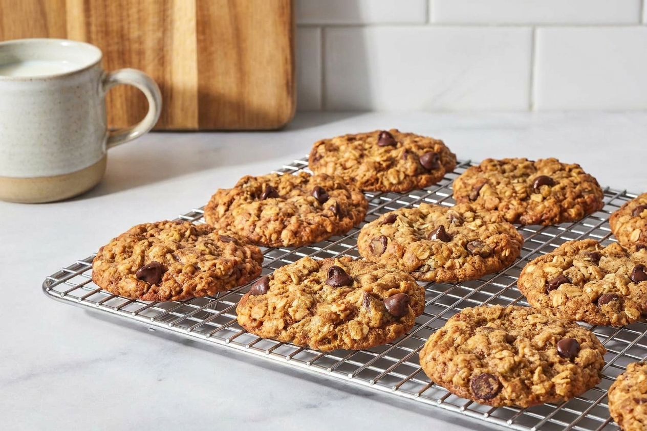 Warm oatmeal chocolate chip cookies resting on a wire cooling rack in a home kitchen