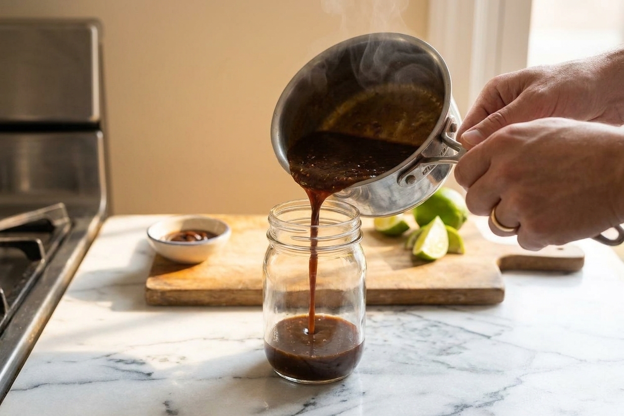 Warm pad thai sauce being poured from a small saucepan into a clean glass jar on a kitchen counter
