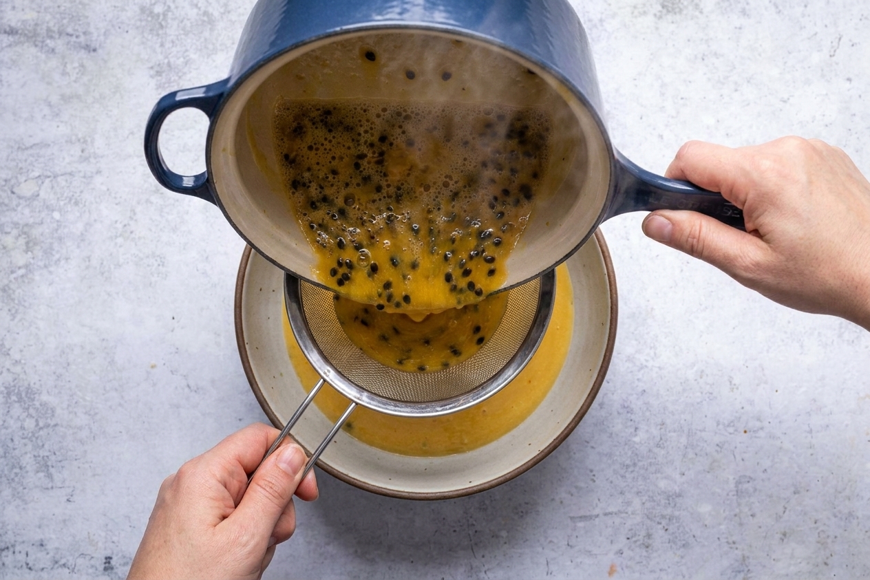 Warm passion fruit curd being poured through a fine mesh strainer into a bowl on a kitchen counter