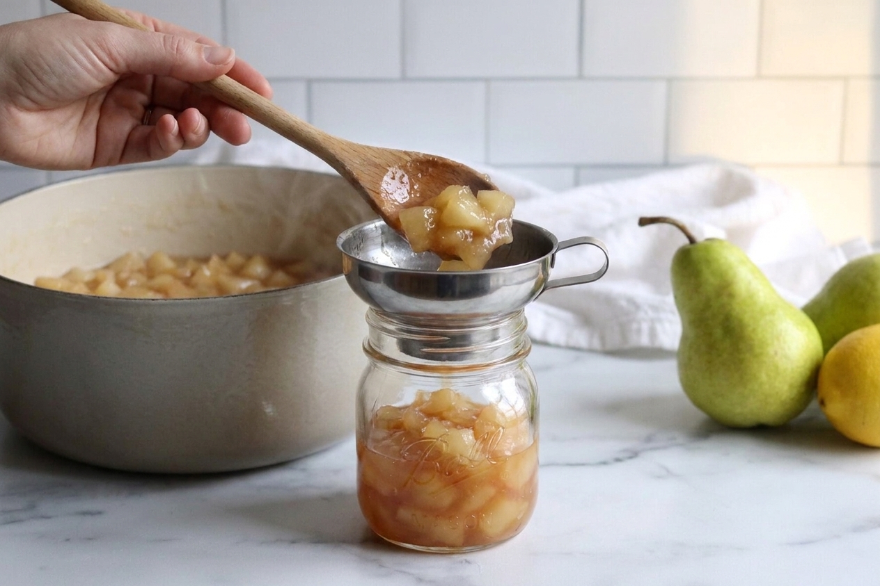 Warm pear preserves being spooned into a clean glass jar on a kitchen counter with a small funnel nearby