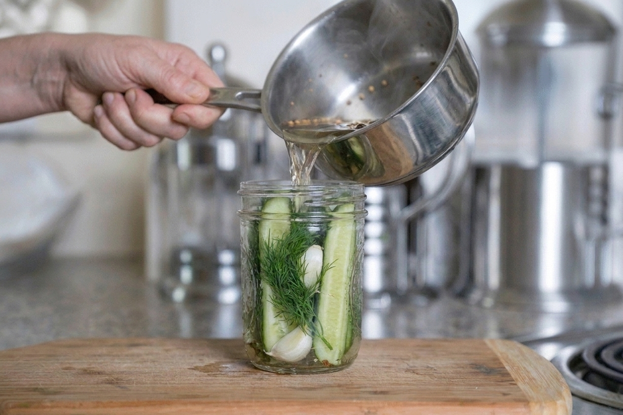 Warm pickle brine being poured into a jar of cucumbers, dill, and garlic on a kitchen counter