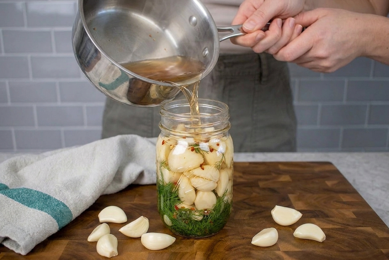 Warm pickling brine being poured from a saucepan into a glass jar packed with peeled garlic cloves on a kitchen counter