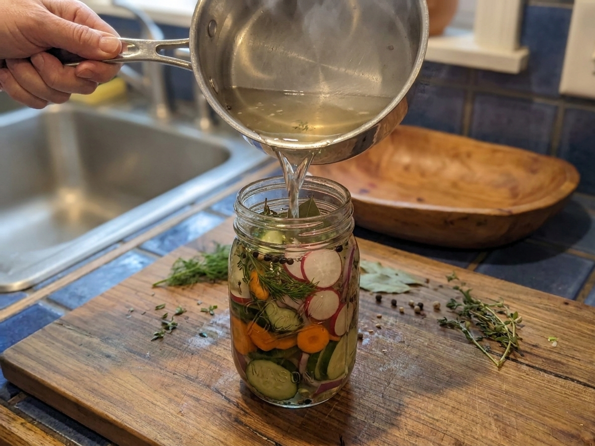 Warm pickling brine being poured from a saucepan into a jar of sliced vegetables on a kitchen counter