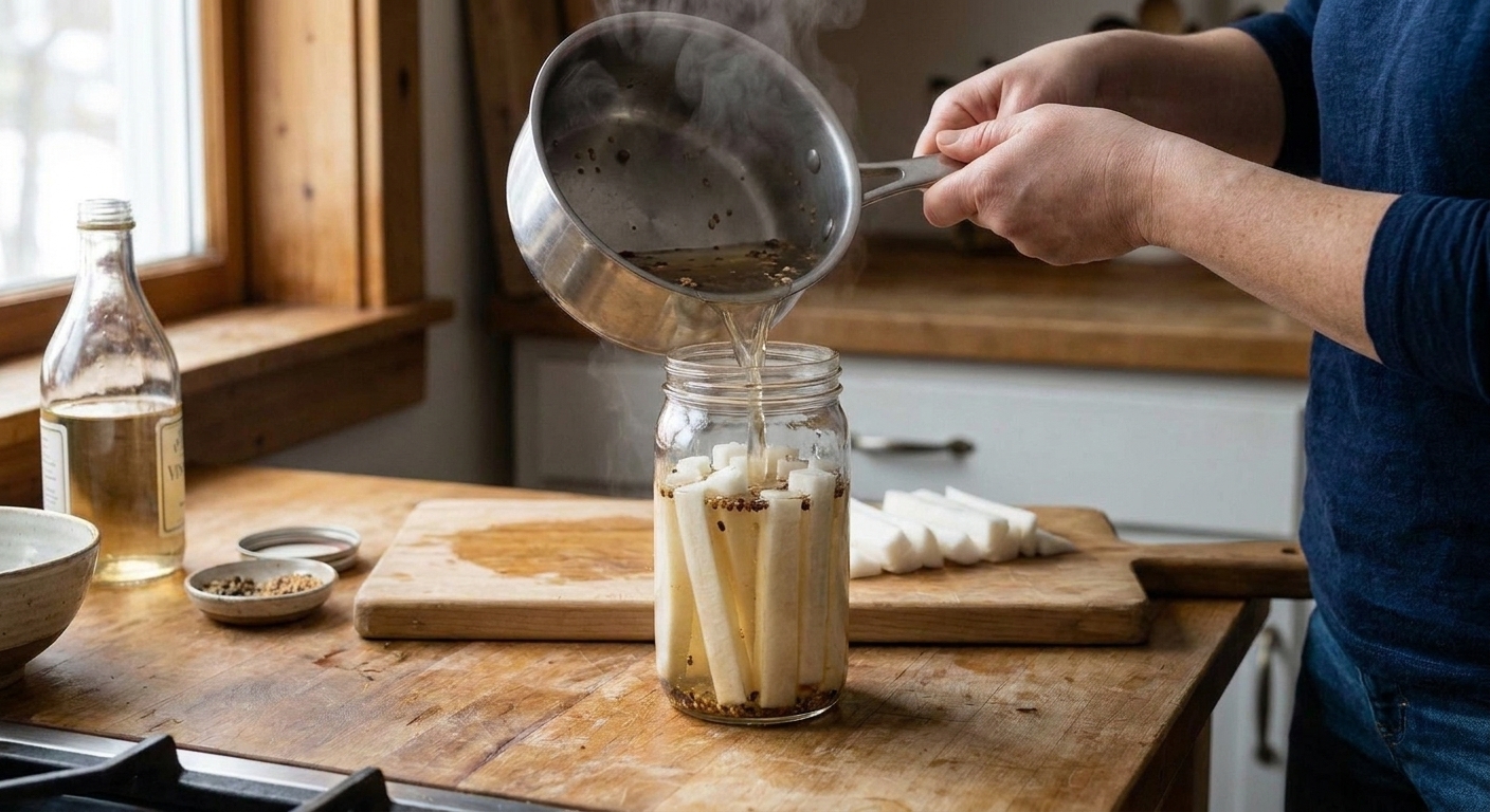 Warm pickling brine being poured into a jar of daikon sticks so the vegetables become fully submerged
