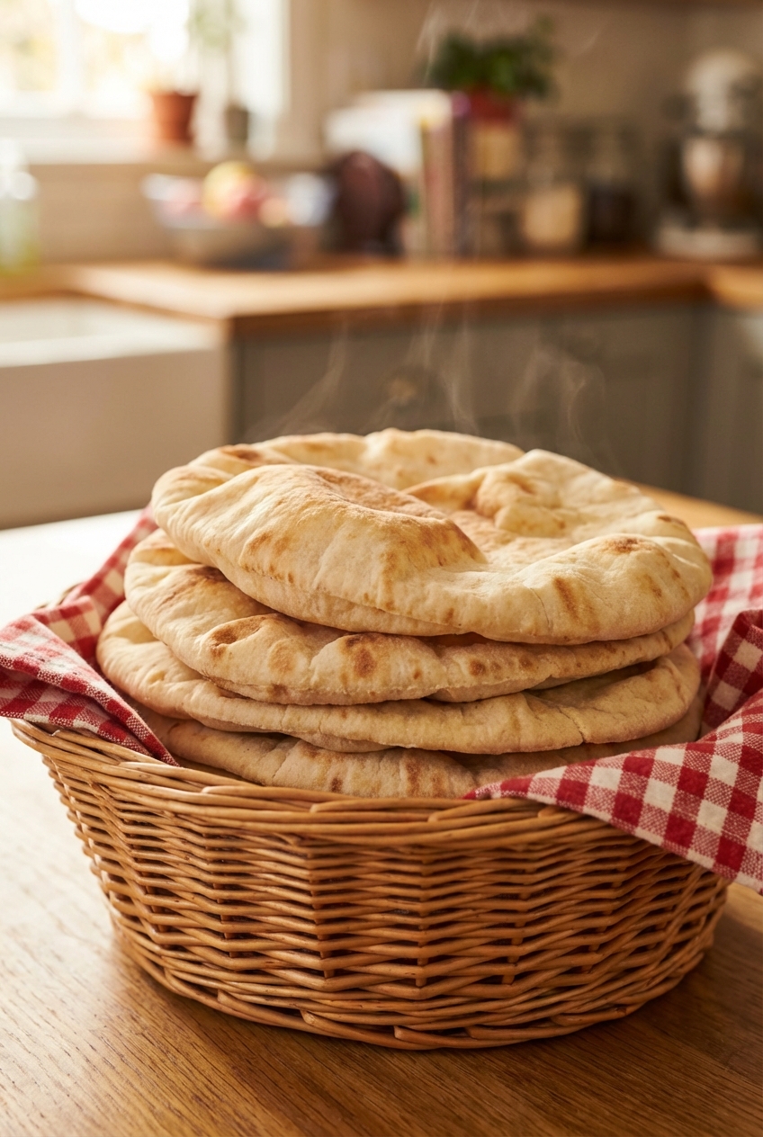 Warm pita bread stacked in a basket with a cloth napkin