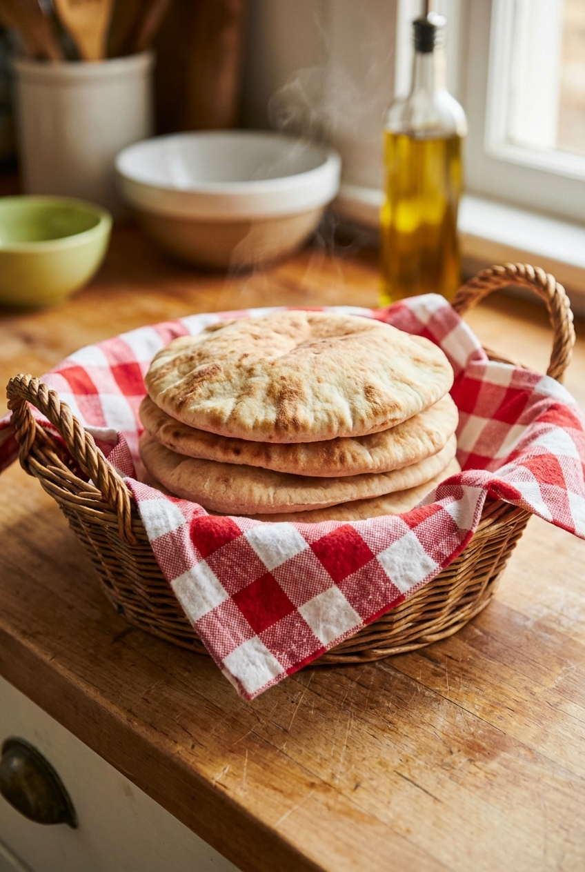 Warm pita bread stacked in a towel lined basket