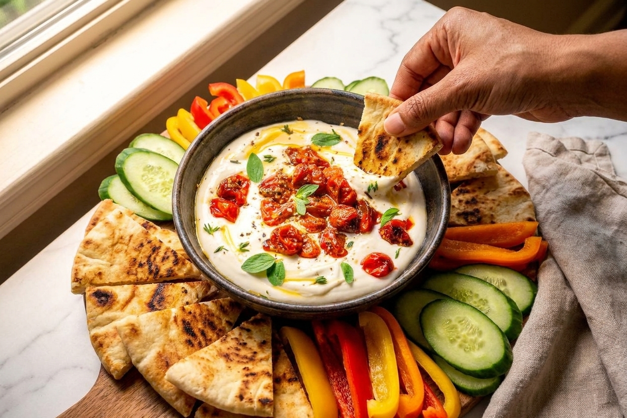 Warm pita wedges and sliced cucumbers and peppers arranged around a bowl of whipped feta on a neutral kitchen table