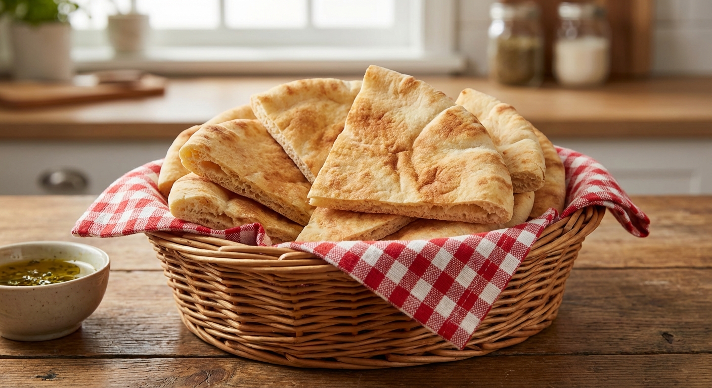 Warm pita wedges stacked in a napkin-lined basket on a table