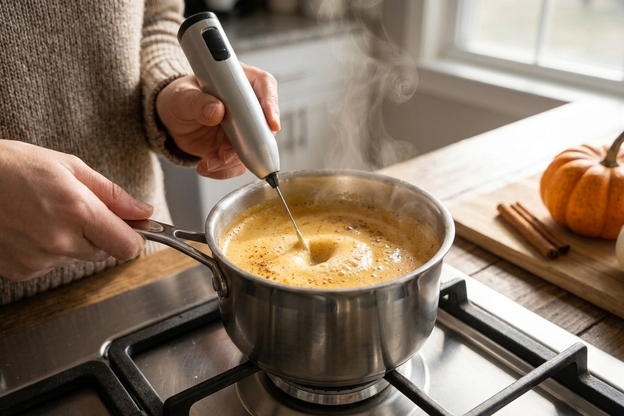 Warm pumpkin-spiced milk being frothed with a handheld frother in a small saucepan on a stovetop