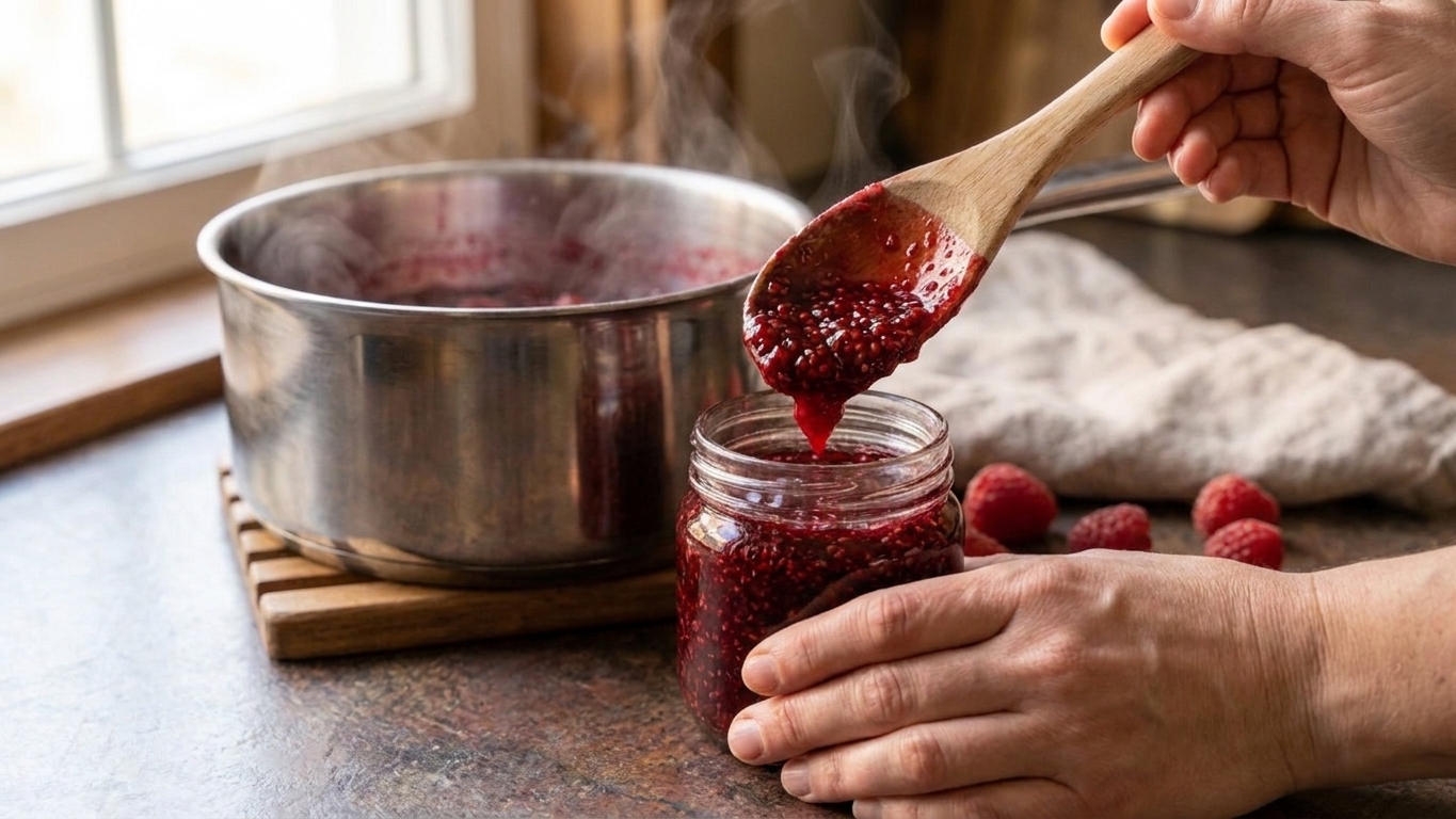 Warm raspberry jam being spooned into a small glass jar on a kitchen counter