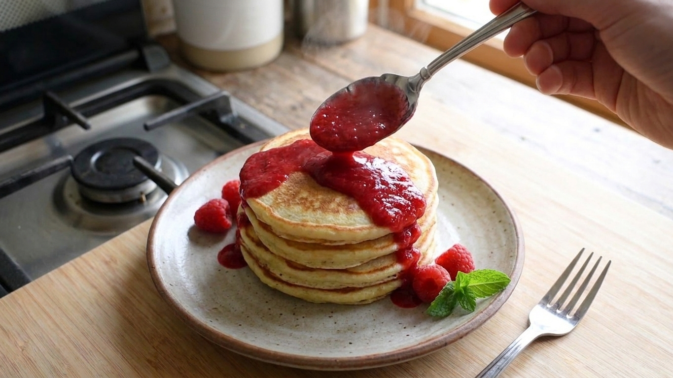 Warm raspberry sauce spooned over a stack of pancakes on a plate with a fork nearby on a kitchen table