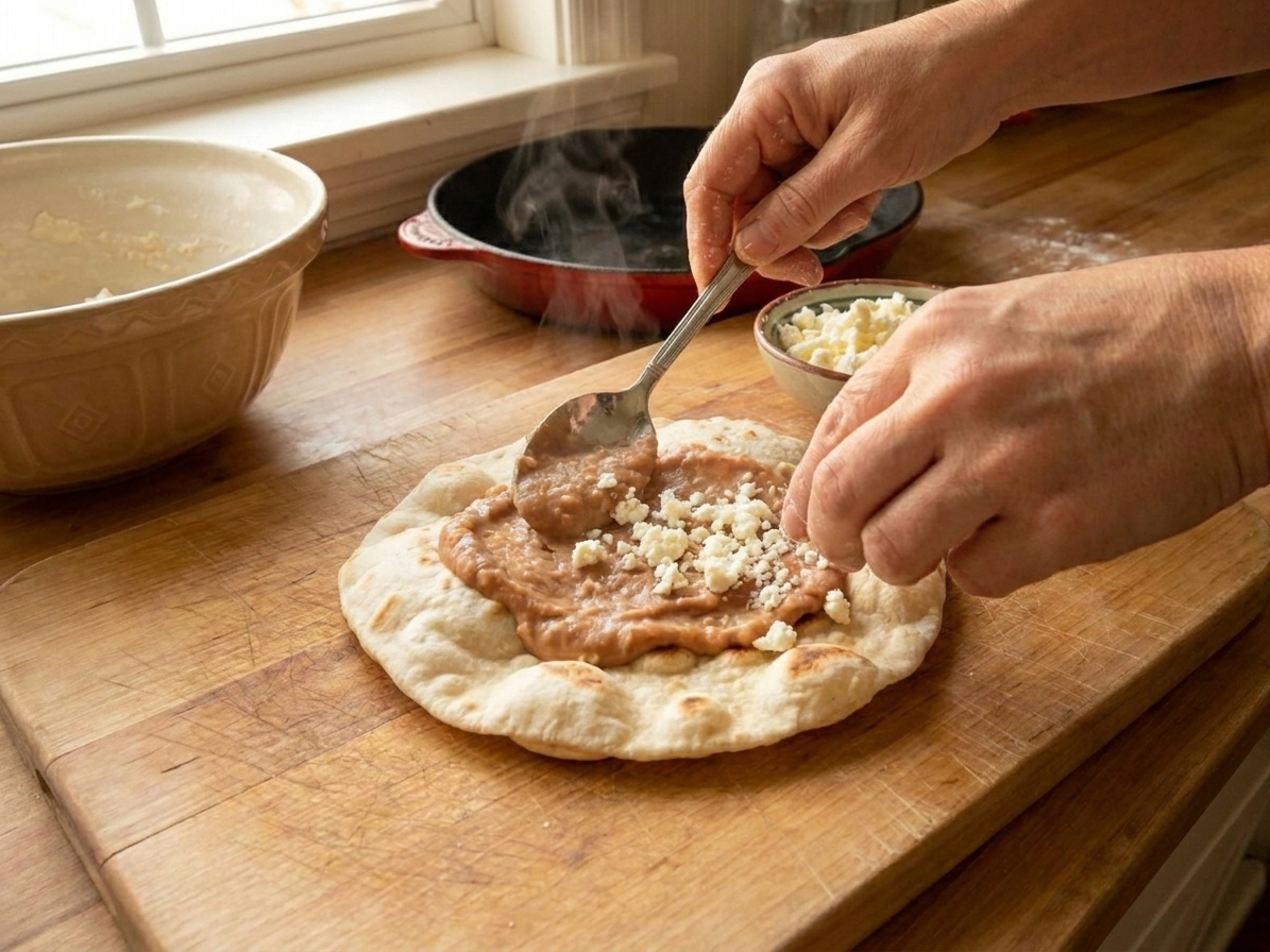 Warm refried beans being spread on a fresh flour tortilla and topped with crumbled cheese on a wooden cutting board