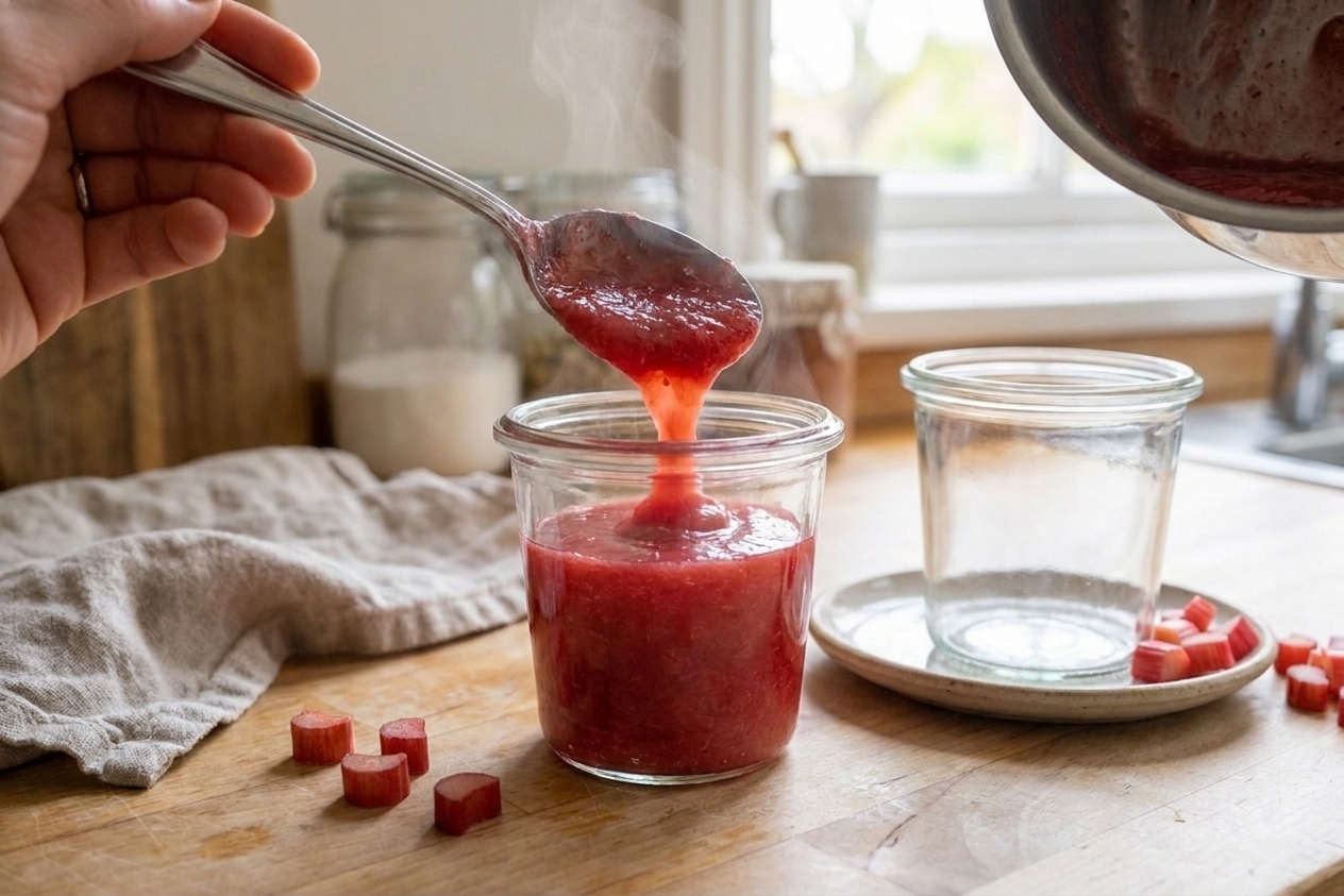 Warm rhubarb jam being spooned into a clean glass jar on a kitchen counter with a second empty jar nearby