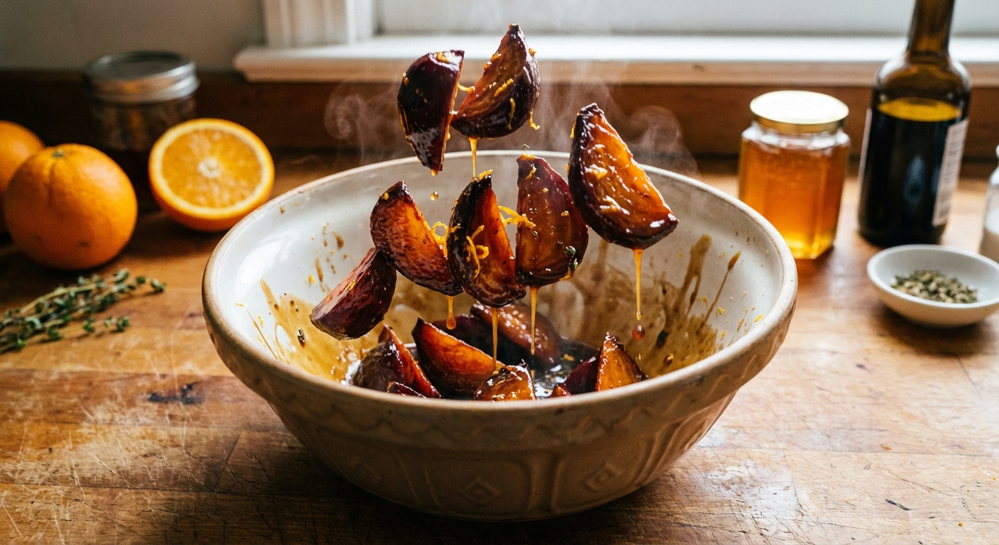 Warm roasted beet wedges being tossed in a glossy honey orange balsamic glaze in a mixing bowl