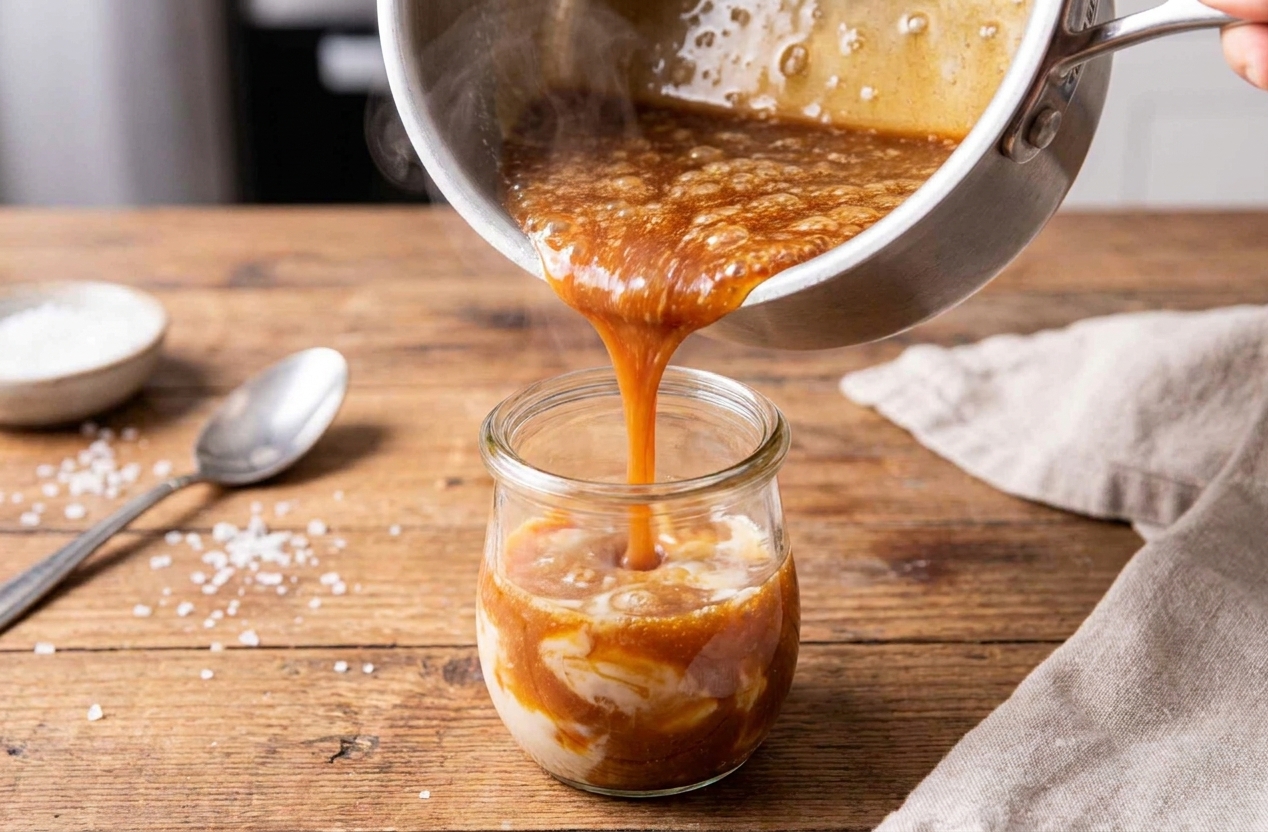 Warm salted caramel sauce being poured from a saucepan into a small glass jar on a kitchen counter
