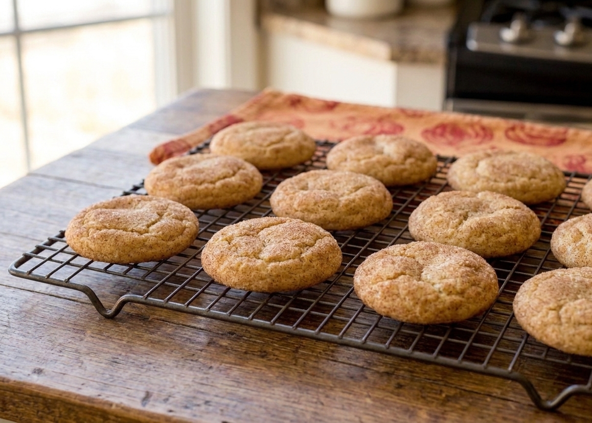 Warm snickerdoodle cookies with crackly tops cooling on a wire rack in a home kitchen