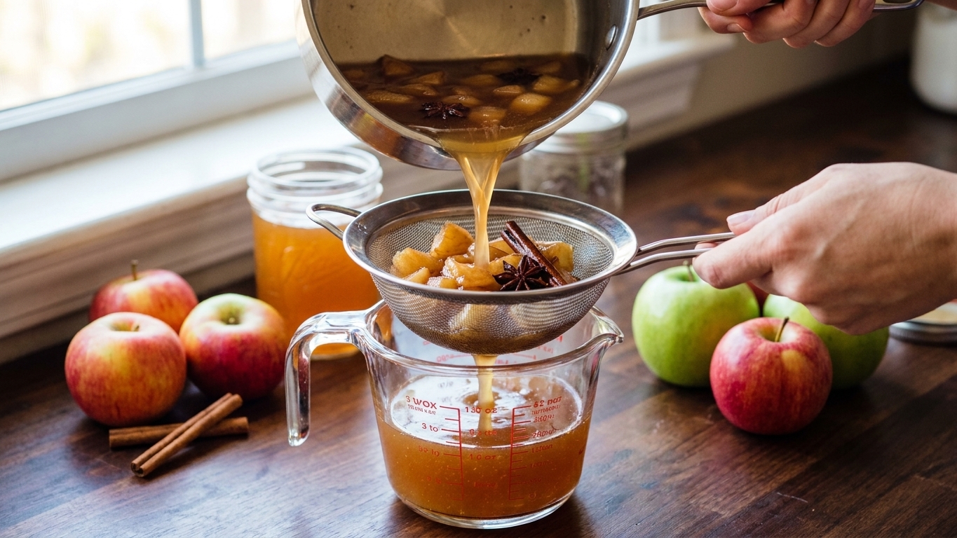Warm spiced apple syrup being poured through a fine-mesh strainer into a glass measuring cup on a kitchen counter