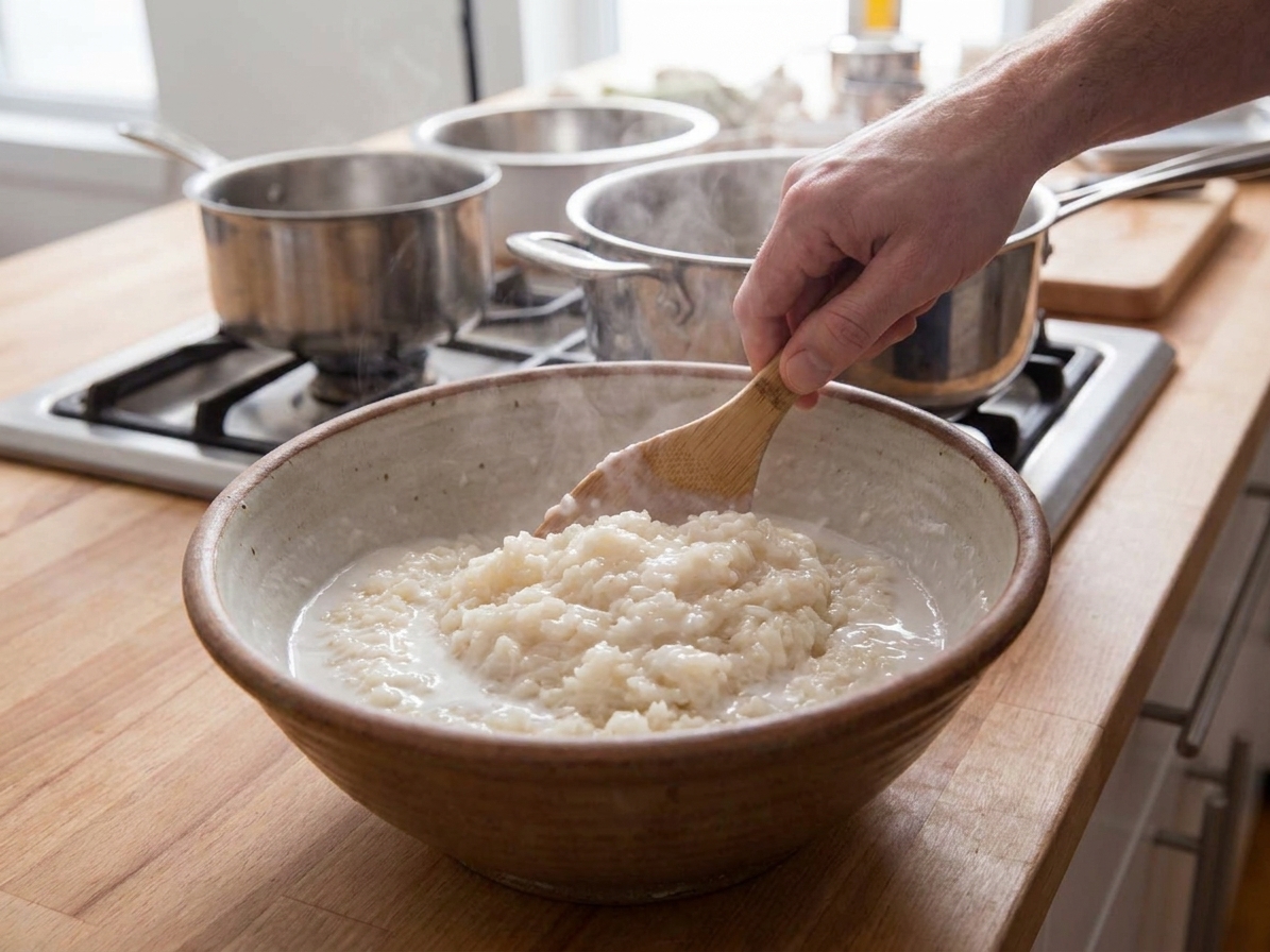 Warm steamed sticky rice being gently folded with sweetened coconut milk in a ceramic mixing bowl on a kitchen counter
