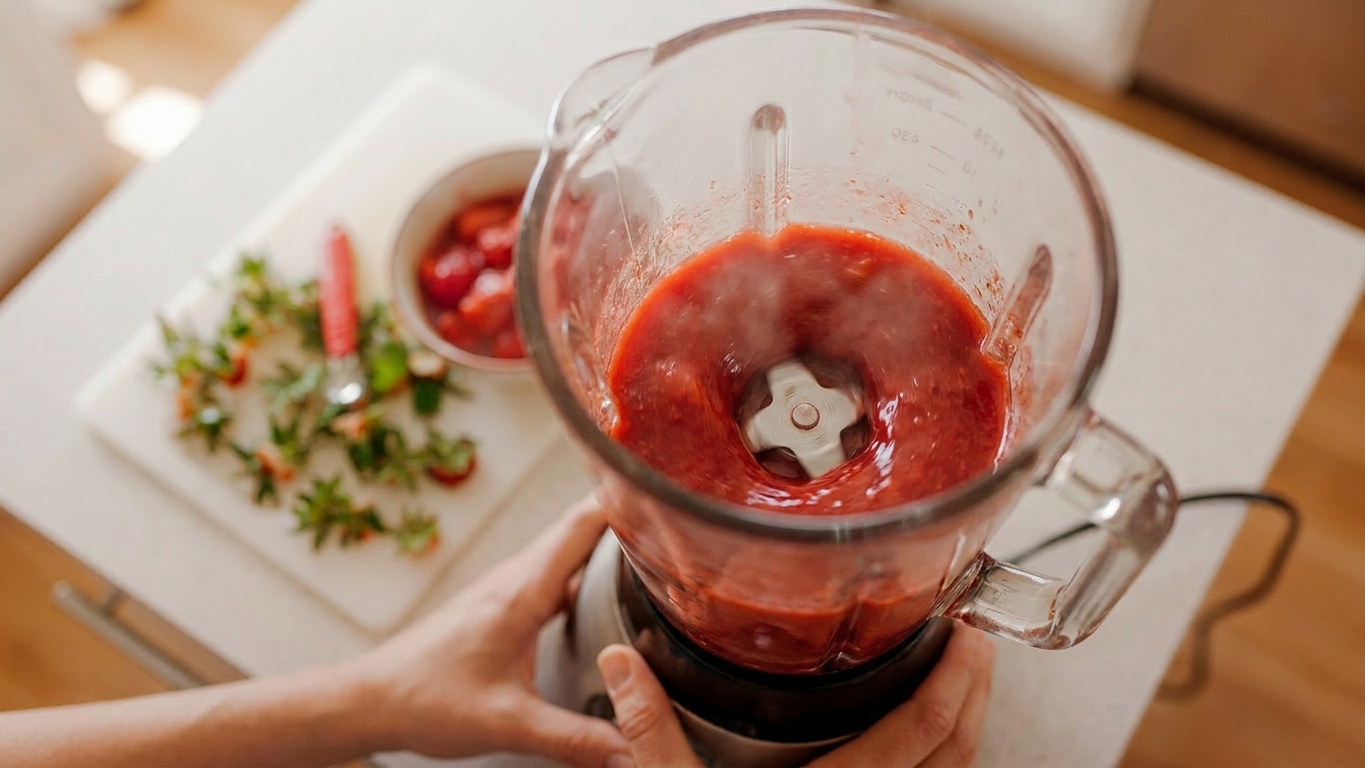 Warm strawberry purée being blended until smooth