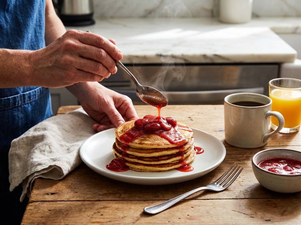 Warm strawberry sauce spooned over a stack of pancakes on a white plate at a simple breakfast table setting