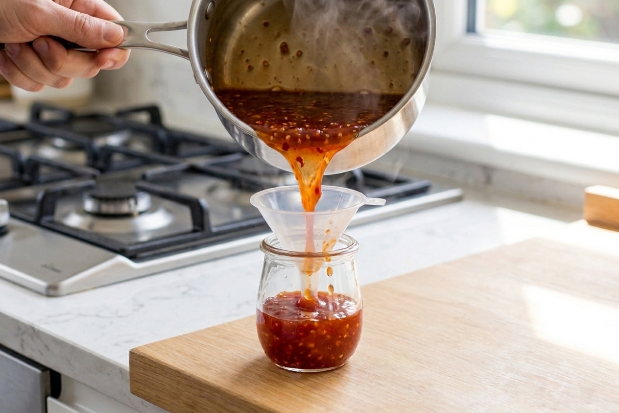 Warm sweet chili sauce being poured into a small glass jar on a kitchen counter, with a small funnel and minimal drips