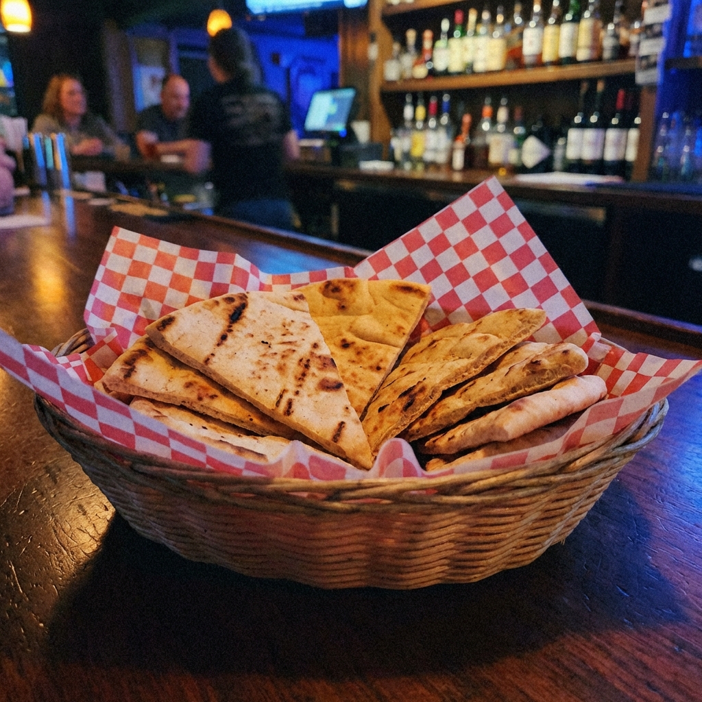 Warm toasted pita wedges stacked in a napkin-lined basket