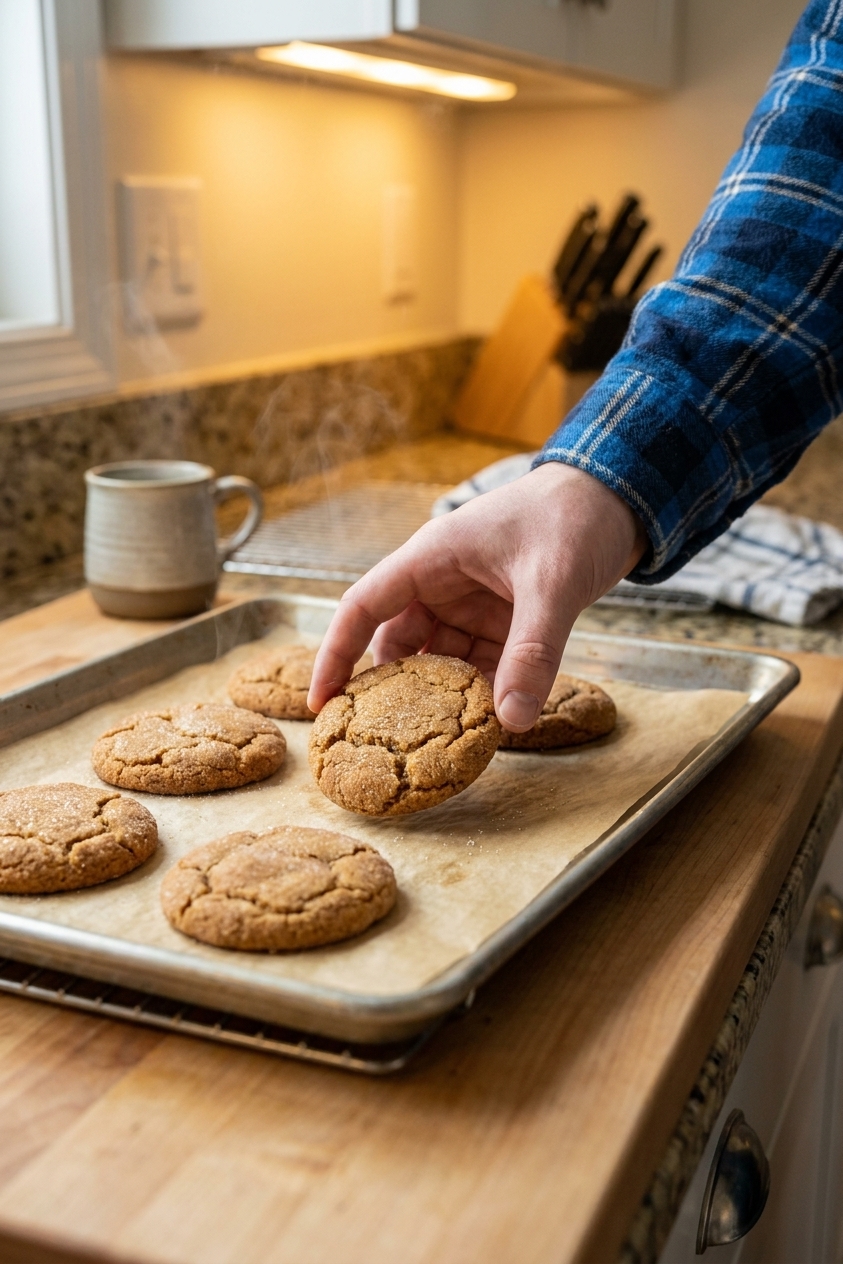 Warm toasted spice cookies cooling on a baking sheet on a kitchen counter, close-up photo