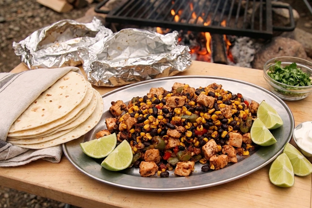 Warm tortillas served with a heap of cooked chicken fajita filling and lime wedges on a rustic camp table
