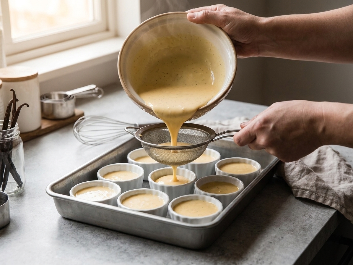 Warm vanilla custard being poured through a fine mesh strainer into white ramekins lined up in a baking dish on a kitchen counter